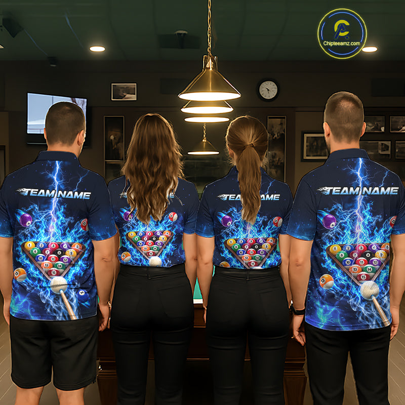 Electric Blue Lightning Billiard Polo 1/4-Zip Shirt Custom US Flag Pool Billiard Uniform