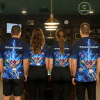 Electric Blue Lightning Billiard Polo 1/4-Zip Shirt Custom US Flag Pool Billiard Uniform