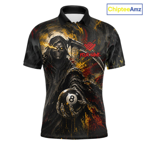 Grunge Yellow & Red Grim Reaper Billiard Shirt Custom 8 Ball Pool Billiard Tournament Jersey