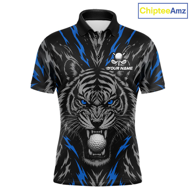 Custom Blue And Grey Tiger Golf Ball Team Attire Funny Golf Polo Golf Shirts
