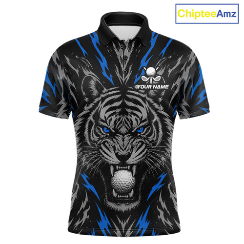 Custom Blue And Grey Tiger Golf Ball Team Attire Funny Golf Polo Golf Shirts