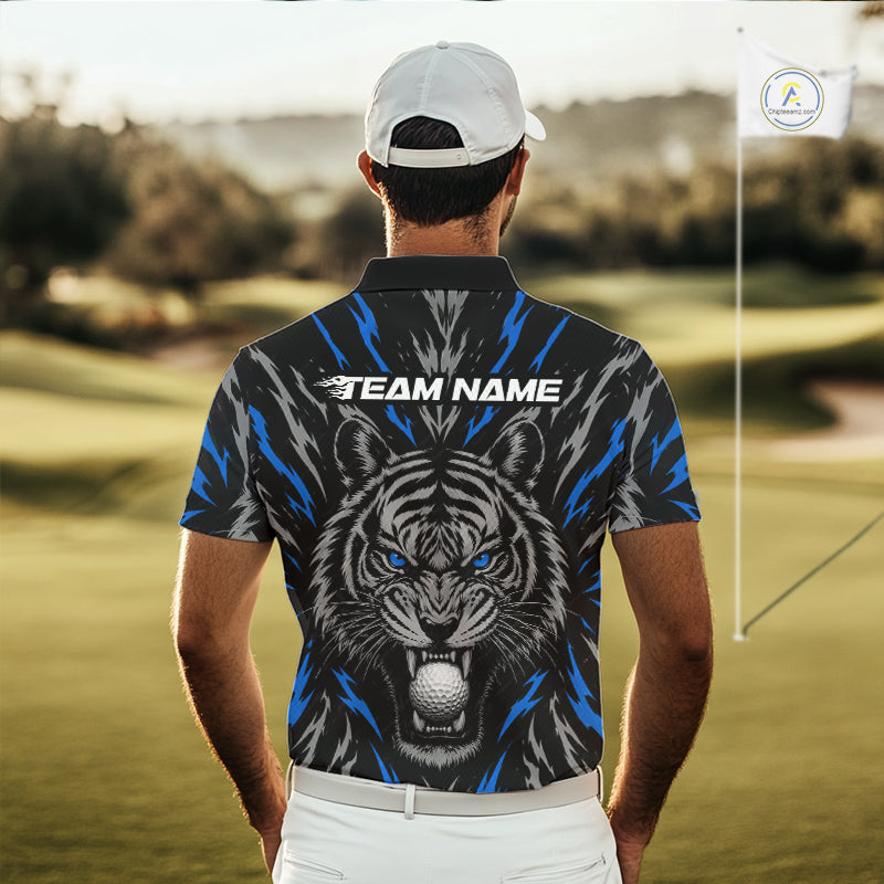 Custom Blue And Grey Tiger Golf Ball Team Attire Funny Golf Polo Golf Shirts