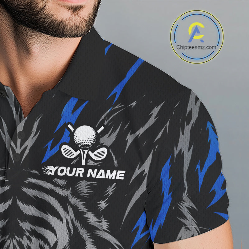 Custom Blue And Grey Tiger Golf Ball Team Attire Funny Golf Polo Golf Shirts