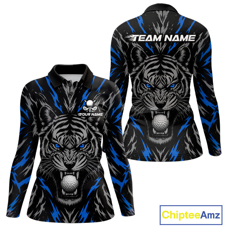 Custom Blue And Grey Tiger Golf Ball Team Attire Funny Golf Polo Golf Shirts