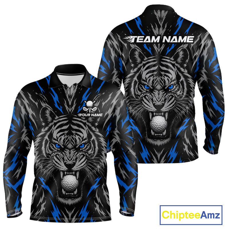 Custom Blue And Grey Tiger Golf Ball Team Attire Funny Golf Polo Golf Shirts