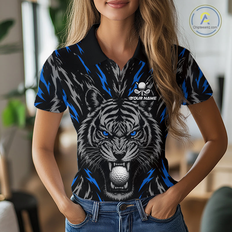 Custom Blue And Grey Tiger Golf Ball Team Attire Funny Golf Polo Golf Shirts