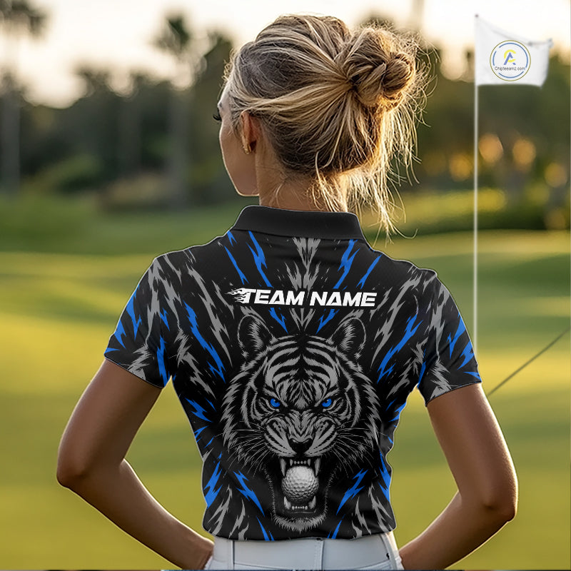 Custom Blue And Grey Tiger Golf Ball Team Attire Funny Golf Polo Golf Shirts