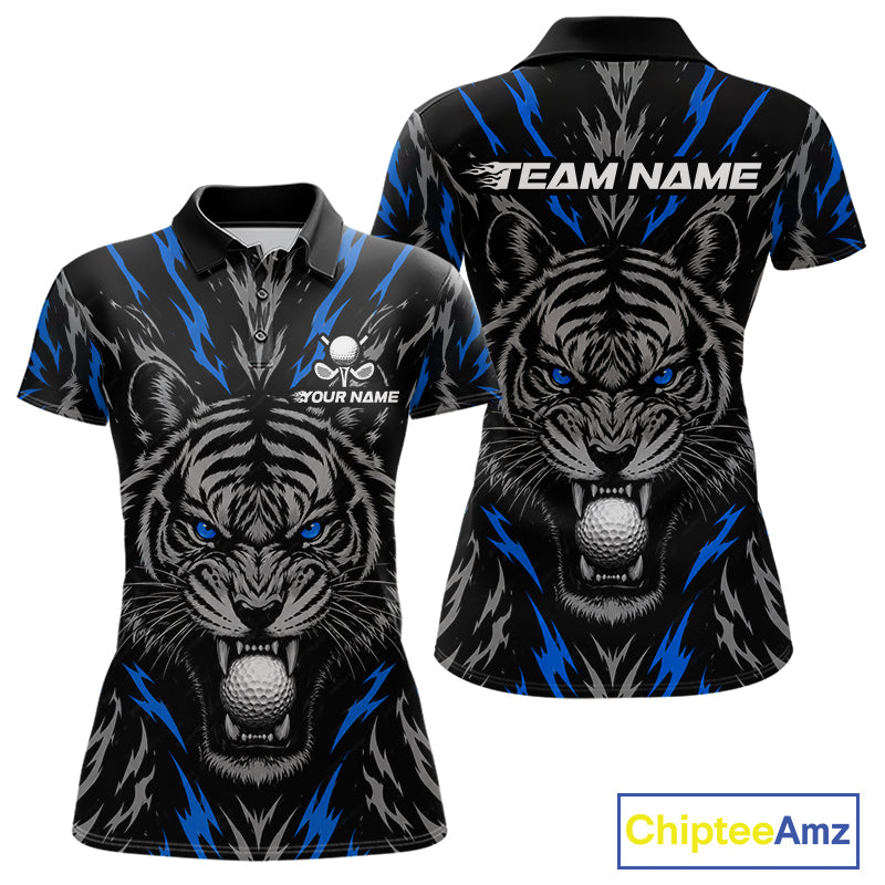 Custom Blue And Grey Tiger Golf Ball Team Attire Funny Golf Polo Golf Shirts