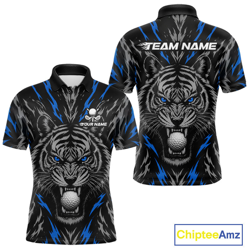 Custom Blue And Grey Tiger Golf Ball Team Attire Funny Golf Polo Golf Shirts
