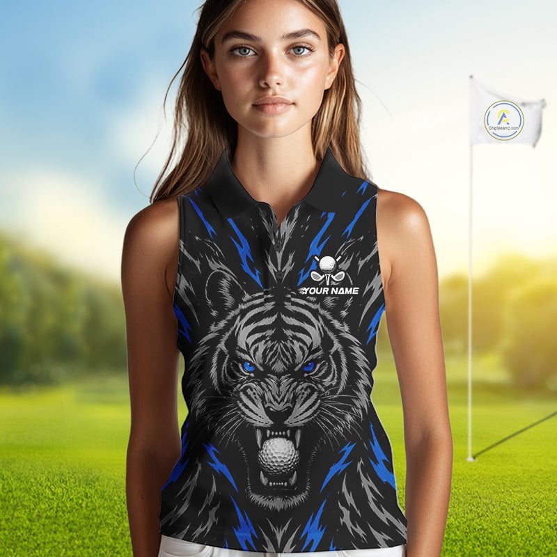 Custom Blue And Grey Tiger Golf Ball Team Attire Funny Sleeveless Golf Polo Golf Shirts