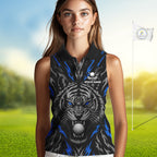 Custom Blue And Grey Tiger Golf Ball Team Attire Funny Sleeveless Golf Polo Golf Shirts