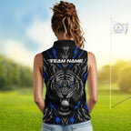 Custom Blue And Grey Tiger Golf Ball Team Attire Funny Sleeveless Golf Polo Golf Shirts
