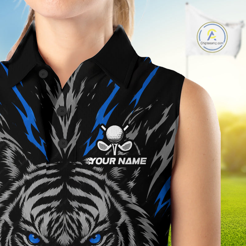 Custom Blue And Grey Tiger Golf Ball Team Attire Funny Sleeveless Golf Polo Golf Shirts