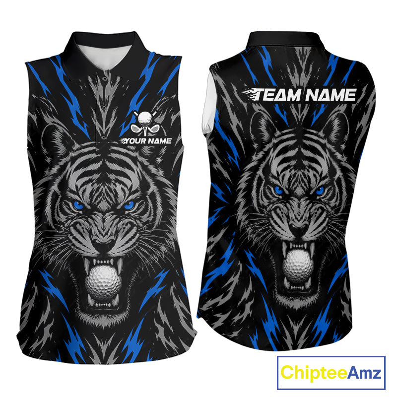 Custom Blue And Grey Tiger Golf Ball Team Attire Funny Sleeveless Golf Polo Golf Shirts