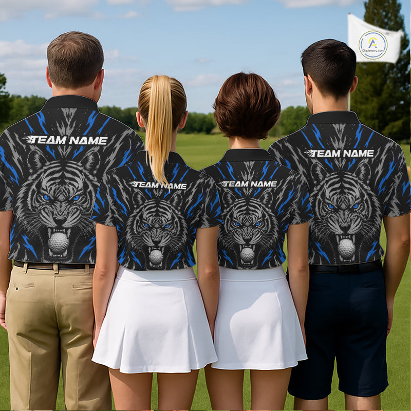 Custom Blue And Grey Tiger Golf Ball Team Attire Funny Golf Polo Golf Shirts