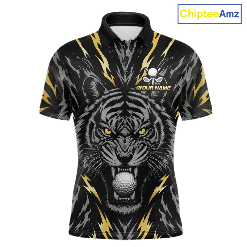 Custom Gold And Grey Tiger Golf Ball Team Attire Funny Golf Polo Golf Shirts