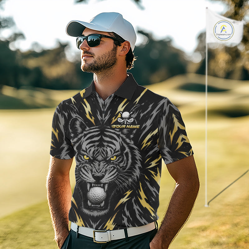 Custom Gold And Grey Tiger Golf Ball Team Attire Funny Golf Polo Golf Shirts
