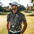 Custom Gold And Grey Tiger Golf Ball Team Attire Funny Golf Polo Golf Shirts