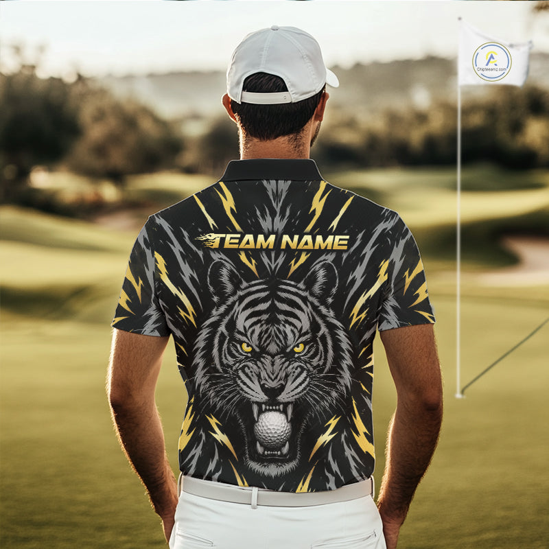 Custom Gold And Grey Tiger Golf Ball Team Attire Funny Golf Polo Golf Shirts