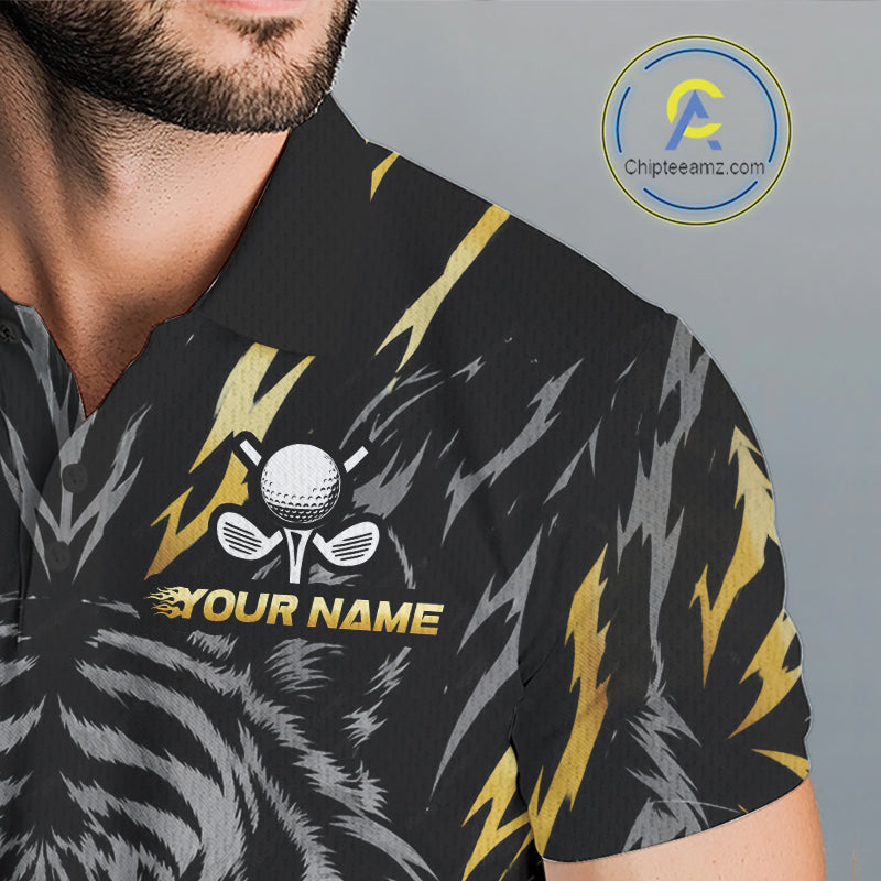 Custom Gold And Grey Tiger Golf Ball Team Attire Funny Golf Polo Golf Shirts