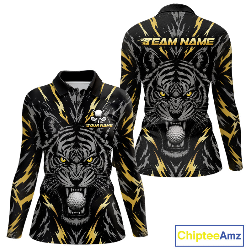 Custom Gold And Grey Tiger Golf Ball Team Attire Funny Golf Polo Golf Shirts