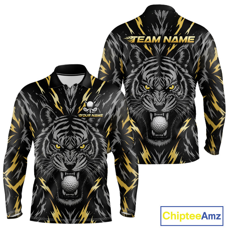 Custom Gold And Grey Tiger Golf Ball Team Attire Funny Golf Polo Golf Shirts