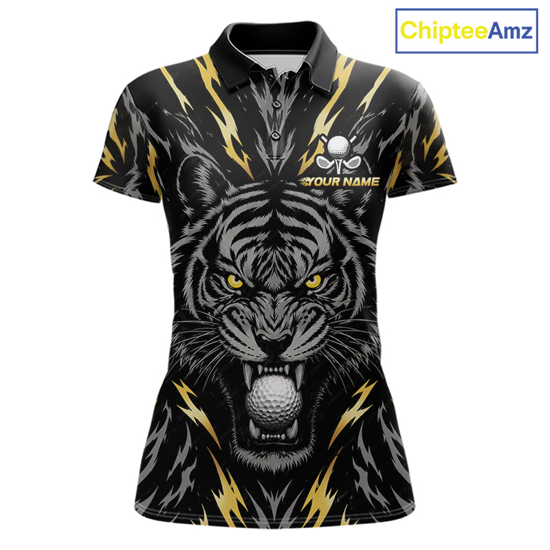 Custom Gold And Grey Tiger Golf Ball Team Attire Funny Golf Polo Golf Shirts