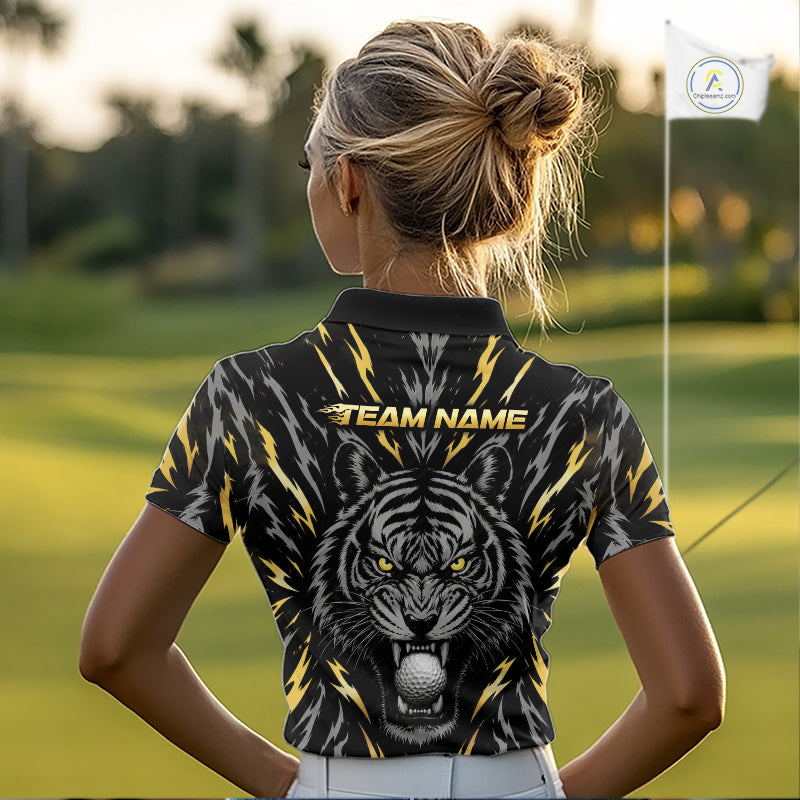 Custom Gold And Grey Tiger Golf Ball Team Attire Funny Golf Polo Golf Shirts