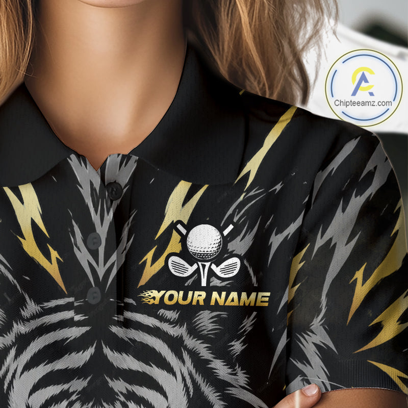 Custom Gold And Grey Tiger Golf Ball Team Attire Funny Golf Polo Golf Shirts