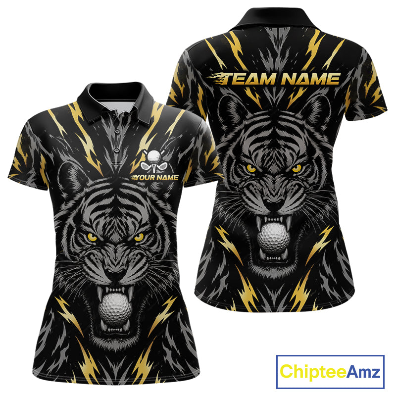 Custom Gold And Grey Tiger Golf Ball Team Attire Funny Golf Polo Golf Shirts