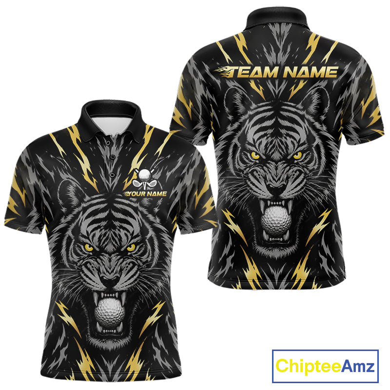 Custom Gold And Grey Tiger Golf Ball Team Attire Funny Golf Polo Golf Shirts