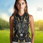Custom Gold And Grey Tiger Golf Ball Team Attire Funny Sleeveless Golf Polo Golf Shirts