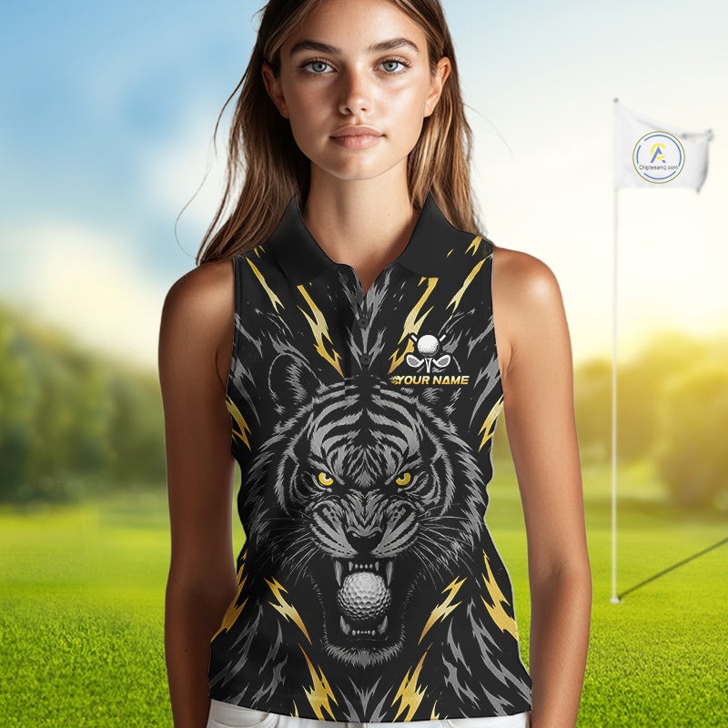 Custom Gold And Grey Tiger Golf Ball Team Attire Funny Sleeveless Golf Polo Golf Shirts