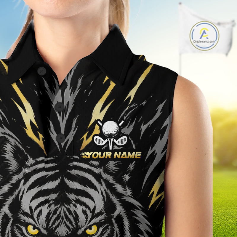 Custom Gold And Grey Tiger Golf Ball Team Attire Funny Sleeveless Golf Polo Golf Shirts