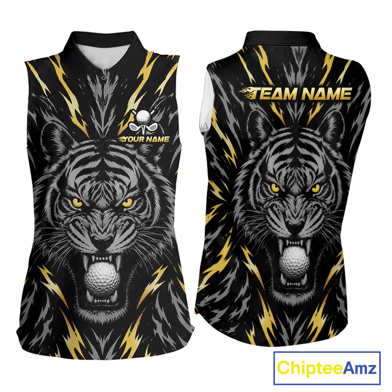 Custom Gold And Grey Tiger Golf Ball Team Attire Funny Sleeveless Golf Polo Golf Shirts