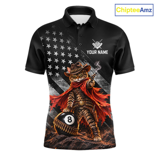 Cowboy Cat 8 Ball Billiard Shirt Custom Name Pool Jersey US Flag Patriotic Gift For Pool Players