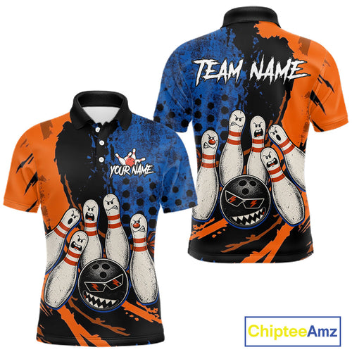 Custom Grunge Orange And Blue Angry Bowling Ball & Pins Shirts Funny Bowling Team Outfits