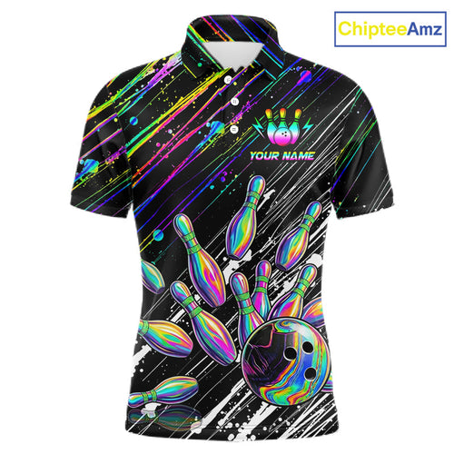 Holographic Strike Bowling Ball & Pins Jersey Custom Splatter Paint Bowling Team Shirts