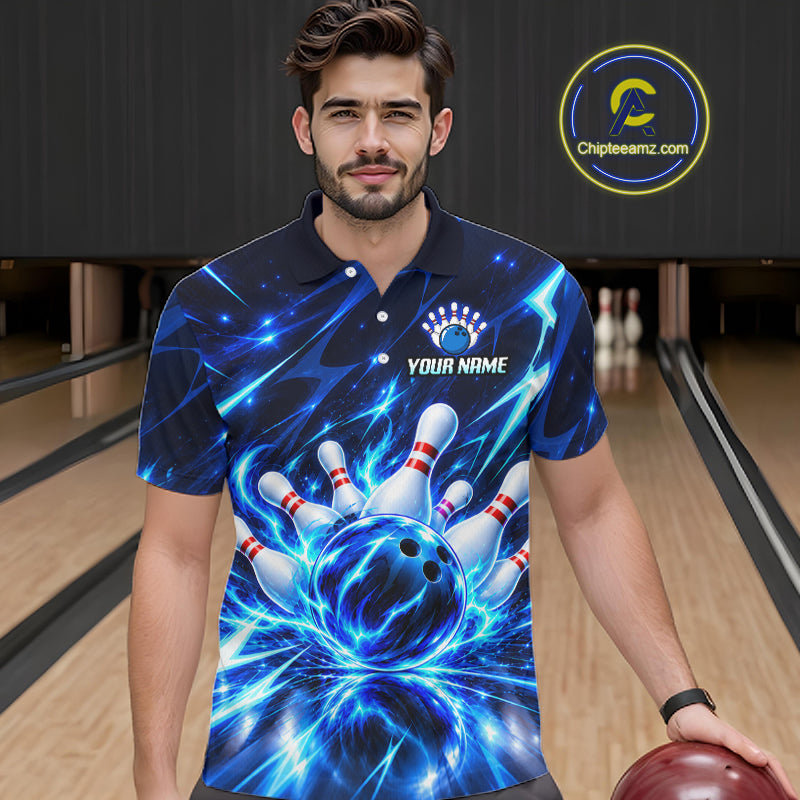 Custom Thunder Blue Strikes Bowling Polo 1/4-Zip Shirt Bowling Team Uniform Gift For Bowler