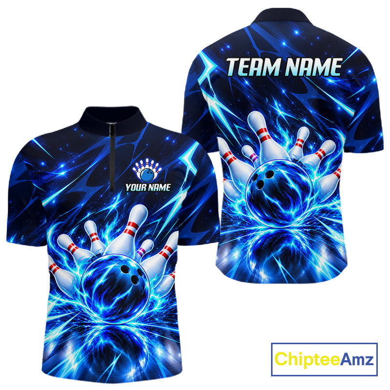 Custom Thunder Blue Strikes Bowling Polo 1/4-Zip Shirt Bowling Team Uniform Gift For Bowler