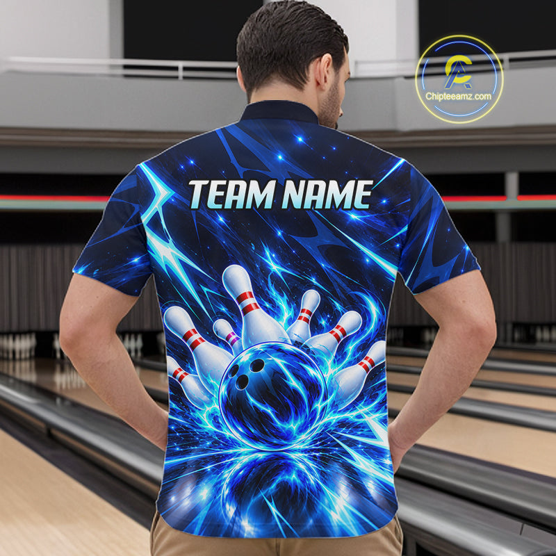 Custom Thunder Blue Strikes Bowling Polo 1/4-Zip Shirt Bowling Team Uniform Gift For Bowler
