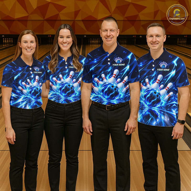 Custom Thunder Blue Strikes Bowling Polo 1/4-Zip Shirt Bowling Team Uniform Gift For Bowler
