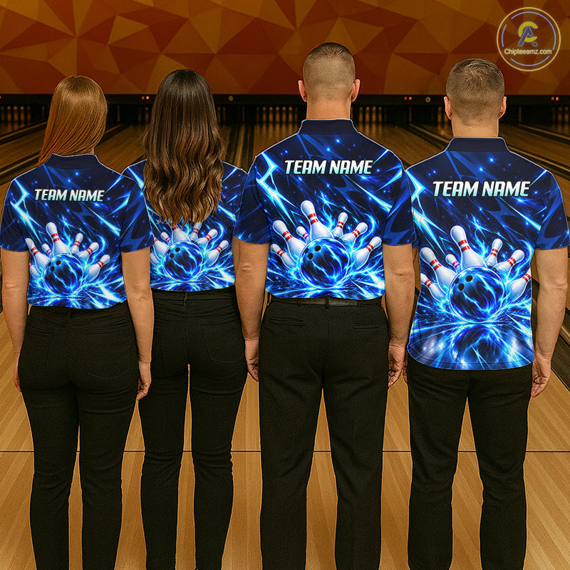 Custom Thunder Blue Strikes Bowling Polo 1/4-Zip Shirt Bowling Team Uniform Gift For Bowler