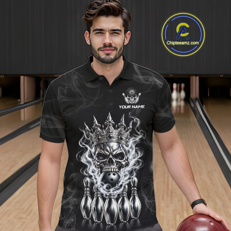 Custom Silver Crown Skull Bowling Jersey White Smokes Bowling Polo 1/4-Zip Shirt Bowler Gift