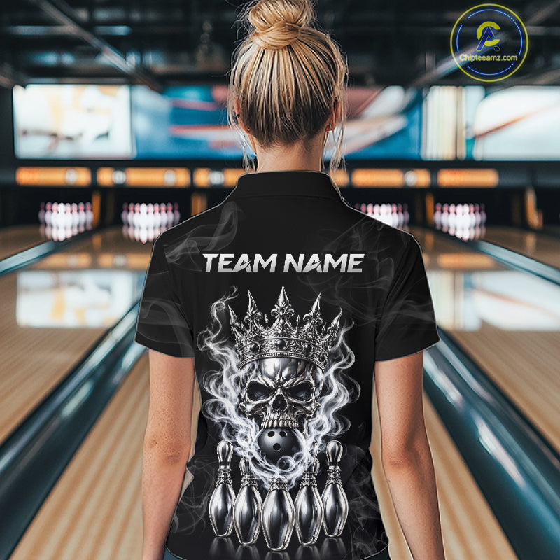 Custom Silver Crown Skull Bowling Jersey White Smokes Bowling Polo 1/4-Zip Shirt Bowler Gift