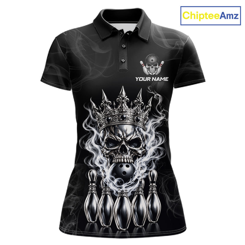 Custom Silver Crown Skull Bowling Jersey White Smokes Bowling Polo 1/4-Zip Shirt Bowler Gift