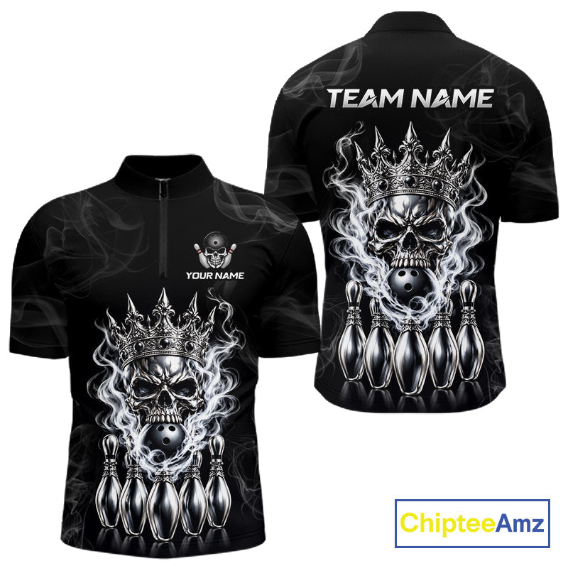 Custom Silver Crown Skull Bowling Jersey White Smokes Bowling Polo 1/4-Zip Shirt Bowler Gift