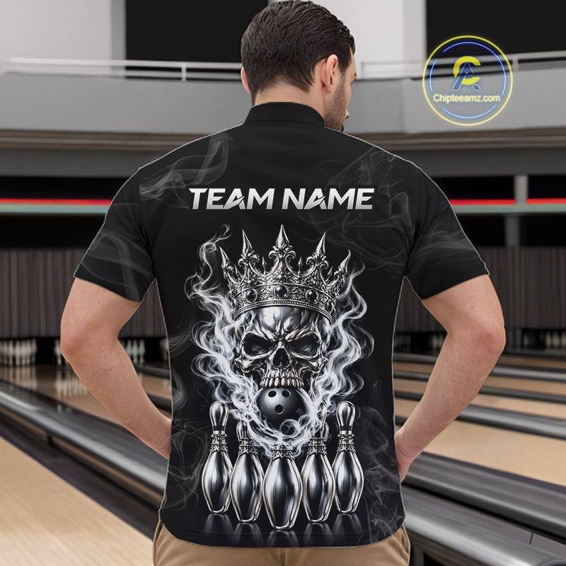 Custom Silver Crown Skull Bowling Jersey White Smokes Bowling Polo 1/4-Zip Shirt Bowler Gift