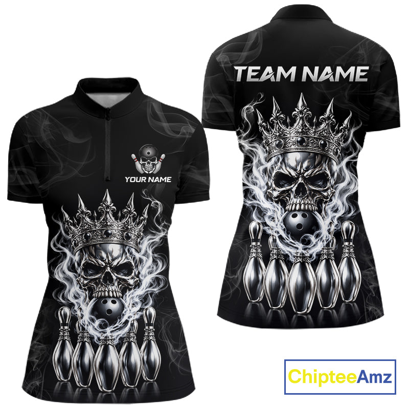 Custom Silver Crown Skull Bowling Jersey White Smokes Bowling Polo 1/4-Zip Shirt Bowler Gift