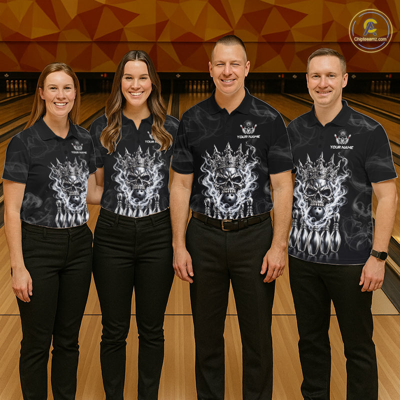 Custom Silver Crown Skull Bowling Jersey White Smokes Bowling Polo 1/4-Zip Shirt Bowler Gift
